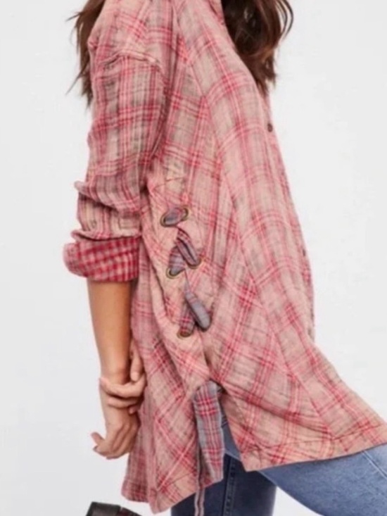 Free People Tops - Free People M Pink Red Flannel Plaid Tunic Top Boho Hippie Long Sleeve Shirt